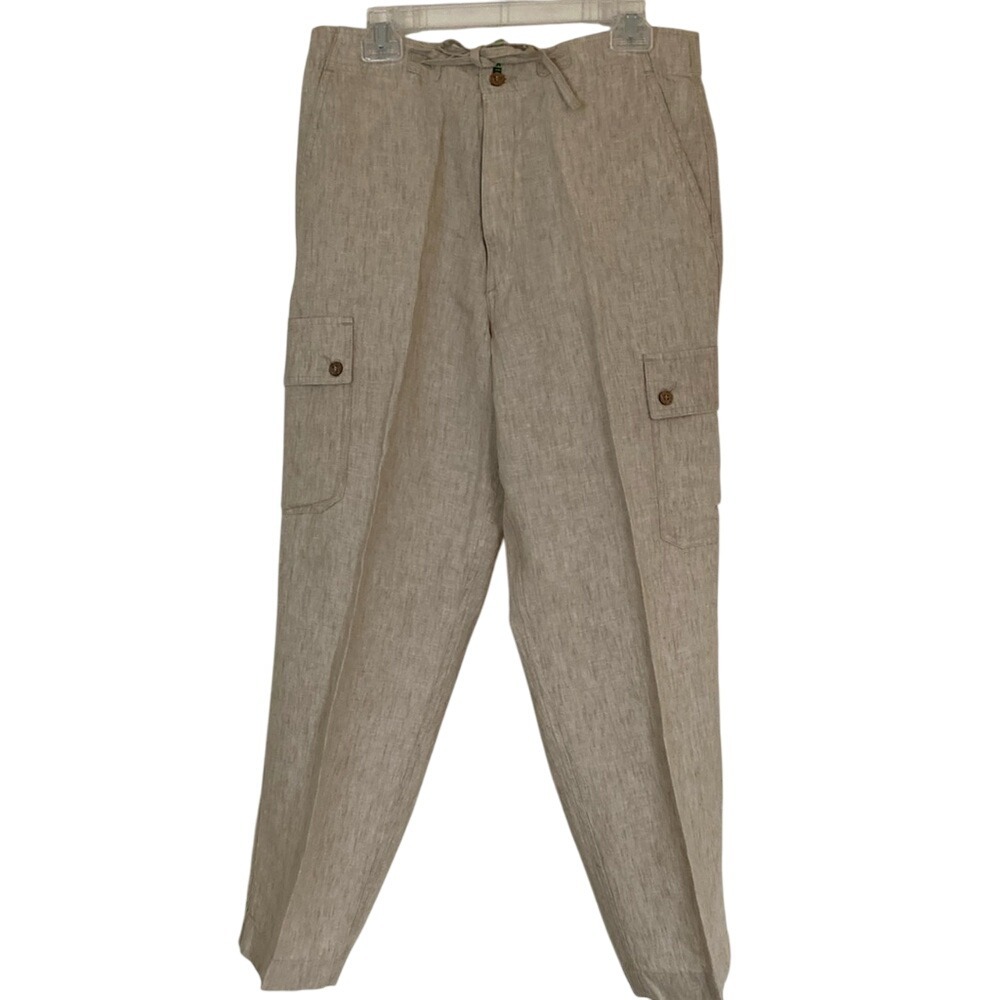 Caribbean Men's‎ Tan 100% Linen Cargo Pants Size 32x30 Summer Beach Resort